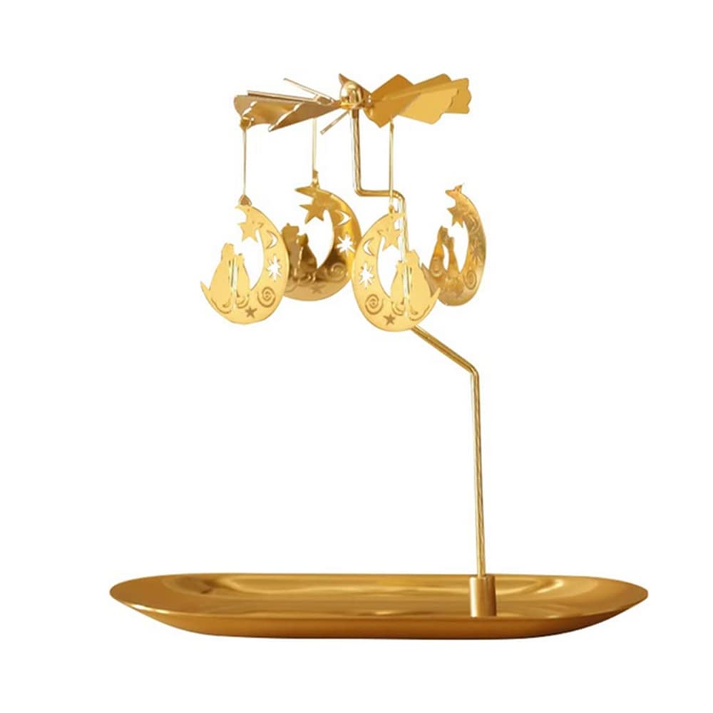 Spinning Candle Holder with Tray, Golden Candle Spinner,Rotating Metal Tea Light Candle Holder for Table Centerpiece Valentine's Day, Xmas Party Decor or Gift (Moon Cat)
