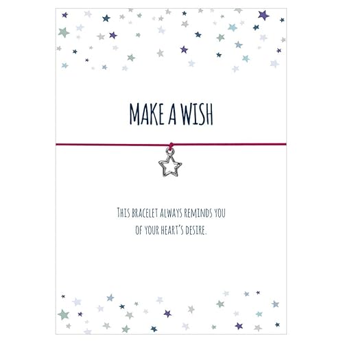 Glücksschmiedin - Bracelet Wish avec un pendentif étoile argenté et une carte d'amour en anglais - Make A Wish - bracelet textile élastique rose, taille réglable, carte postale avec un porte-bonheur Cover