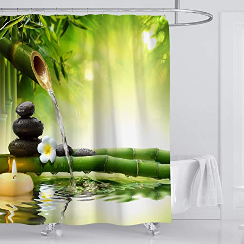 ufengke Cortinas de Ducha Bambú Verde con 12 Ganchos,Zen Cortina de Ducha de Tejido Prueba de Moho Impermeable al Baño (180X180cm)