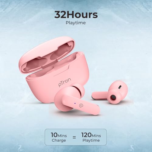 Image of pTron Basspods P81 in-Ear Wireless Earbuds, Pristine Sound, 32Hrs Playtime, Clear Calls TWS Earbuds, Bluetooth V5.1 Headphone, Type-C Fast Charging, Voice Assist & IPX4 Water Resistant (Pink)
