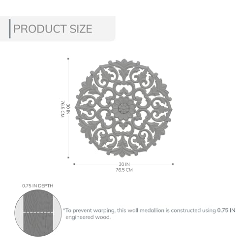 Image of JFY Designs Varinia Hand Carved Wood Medallion Wall Panels Bedroom Decor | Wall Mount Floral Sculpture Wall Art for Living Room, Bedroom Set, White Distressed Finish, Round 30 x 30 inch
