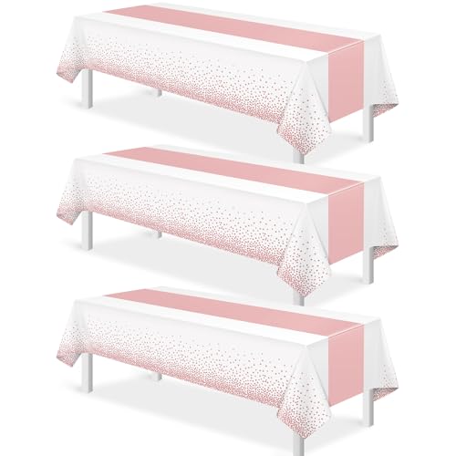 Image of 3Pcs White and Rose Gold Tablecloth Party Decorations,Plastic White Table Cloth Printed Rose Gold Table Runner Disposable Rectangle Cover for Birthday Anniversary Wedding Grad Party,54 x108 Inch