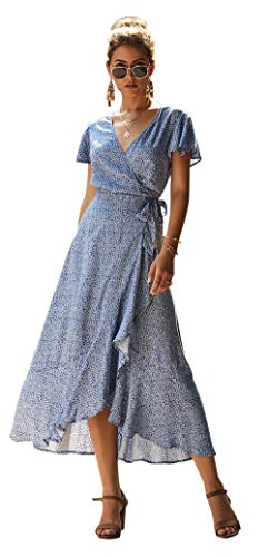 Aswinfon Sommerkleid Damen Maxikleid V-Ausschnitt Maxikleider Sommer Boho Strand Strandkleid Lang Blumen Kleider mit Schlitz (Bleu, M) Cover