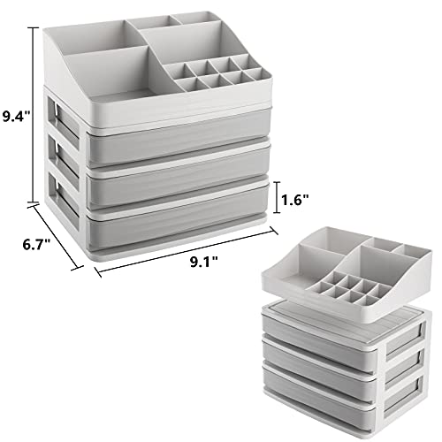 DEAYOU Makeup Cosmetic Organizer with Drawers, Plastic Skincare Storage Box with Lipstick Brush Holder, Jewelry Vanity Organizer Desktop Sundry Storage Case for Countertop, Bathroom, Bedroom (Gray)