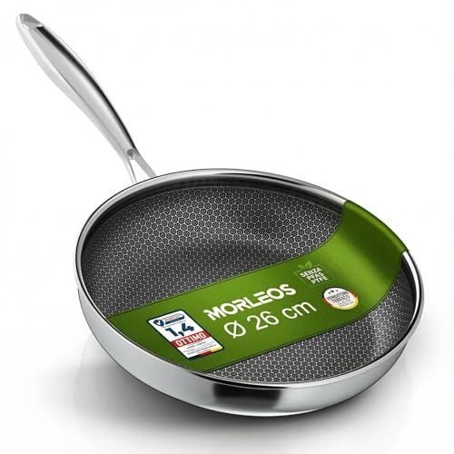 Morleos Padella in ceramica, 26 cm, resistente ai graffi, a 5 strati, 3 mm, 1,12 kg, per induzione, antiaderente, lavabile in forno e lavabile in lavastoviglie, senza PFAS e PTFE