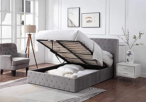 Home Treats King Size Bed Frame with Brushed Velvet Winged Headboard Ottoman King Size Upholstered Bed Frame King | Ottoman Bed Frame | Grey Brushed Velvet Fabric Bed Frame With Storage
