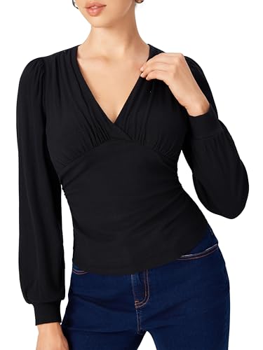 CIDER Wrap Tops for Women Long Sleeve V Neck Business Casual Outfits Ruched Pleated Going Out Blouse Fall Trendy3