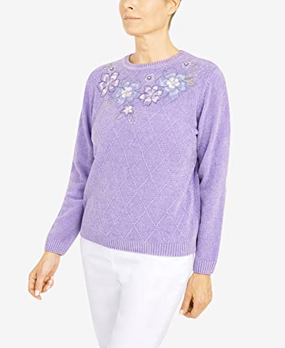Alfred Dunner Women's Womens Crewneck Long Sleeve Floral Chenille Sweater Size M Lilac #TOP7