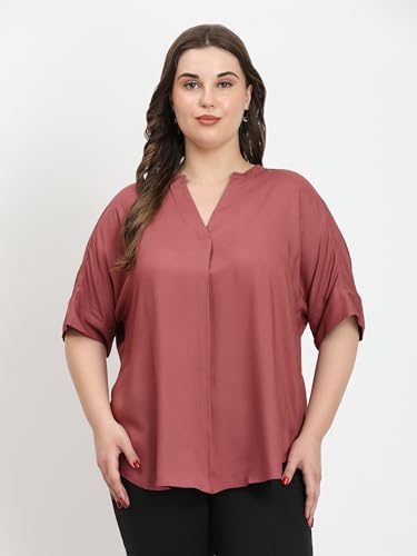 Image of SINDOORI Relaxed Fit Tops for Women Plus Size Solid Printed Mandarin Collar, Band Collar, V-Neck Top, Half Sleeve Loose Fit