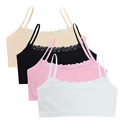 4PCS Girls’ Training Bra Girls Lace Cotton Training Bras Breathable Sports Cami Bras Strap Bralette,Aged 8-14