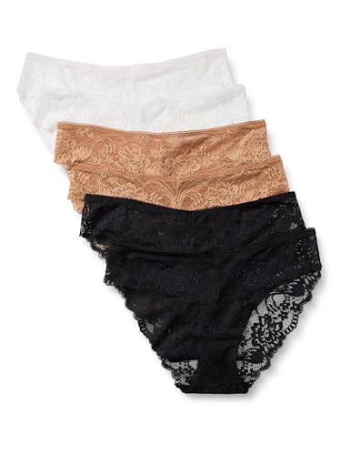 Amazon Essentials Braga de Bikini de Encaje Elástico con Detalles Mujer, Pack de 6, Blanco/Bronce Lavado/Negro, 48