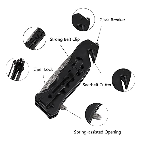 Albatross Edc Cool Tactical Folding Pocket Knife With Modern Damascus Steel Blade, Speedsafe Spring Assisted Opening Knifes With Liner Lock,Pocketclip,Glass Breaker,Seatbelt Cutter, Gifts Box(Black) #TOP1