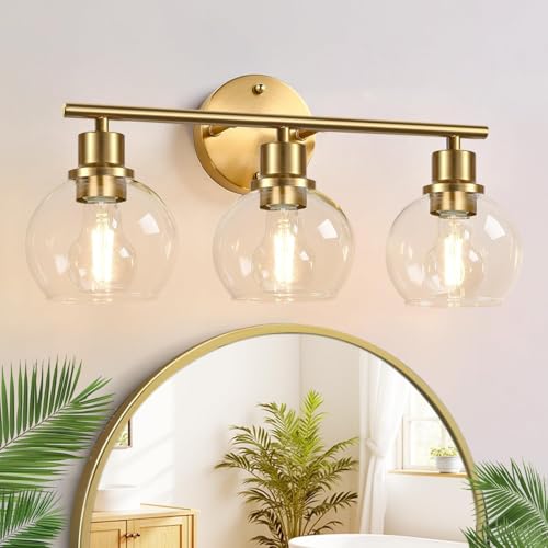 Recopilación de Lámparas para el espejo del cuarto de baño los 5 más buscados. 45 Lámpara de Tocador Moderna de 3 luces, HORKEY Lámpara de Pared de Baño Sobre Espejo Pantalla de Vidrio, Accesorio de Iluminación Dorado Para Mesa de Dessing, Vestidor, Baño