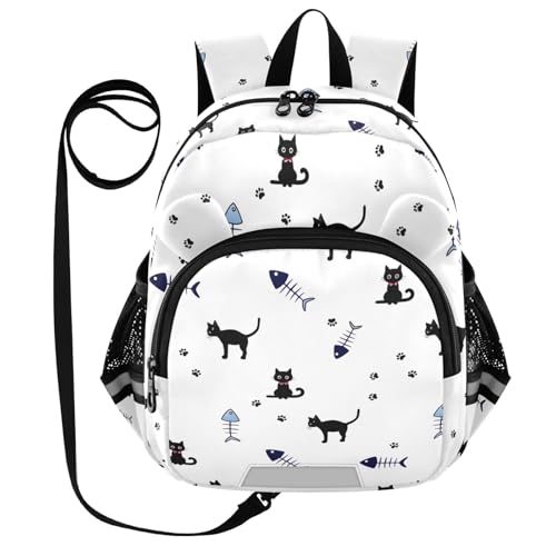 Black Cat Fishbone White Toddler Harness Backpack for Boys Girls 3-6 Years Kids Backpack with Anti Lost Safety Leash Child Leash Backpack for Preschool Walking Travel