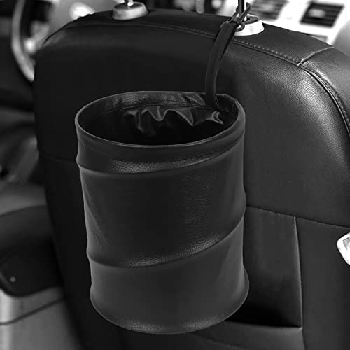 Image of Homelove Collapsible Pop Up PU Leather Trash Can, Portable Leak-Proof Waterproof Car Trash Bin, Multifunctional Organizer Trashcan Storage Bag with Hanging Elastic Strap Loop, Black