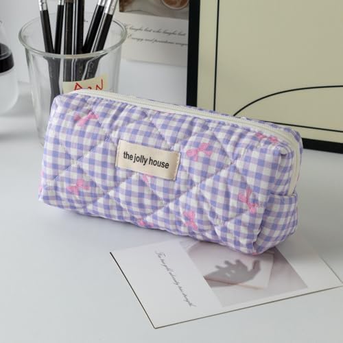 Image of Carry bloom Pencil Pouch Cute Pencil Case for Girls Aesthetic Pencil Bag with Zipper Pen Cases School Supplies Makeup Bag (Checkered bow purple)