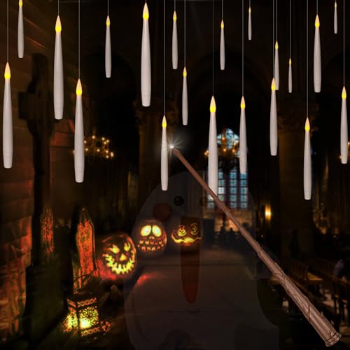 Leejec 20pcs Flameless Taper Floating Candles with Magic Wand Remote, Flickering Warm Light, Battery Operated 6.1' LED Electric Window Candle, Decor for Christmas, Wedding, Halloween, Birthday Party