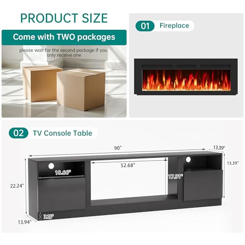 Image of MXV 90 inch Fireplace TV Stand for TVs Up to 100 inch, LED Light Entertainment Center with 50 inch Electric Fireplace, Modern Wood Texture TV Media Console with Highlight Storage Cabinet, Black+Black