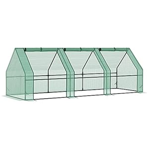 Outsunny Foliengewächshaus aus Stahl, winterfestes Gewächshaus mit Reißverschlussfenster, Treibhaus für Balkon und Garten 270 x 90 x 90 cm, Tomatenhaus für Tomaten, Gemüse und Blumen, Grün