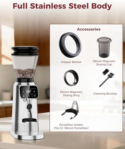 Tuni G2 Silver Conical Burr Coffee Grinder with White Digital Coffee Scale, 70 Grind Settings Anti-static Burr Mill for Espresso/Drip/Cold Brew/French Press - 5