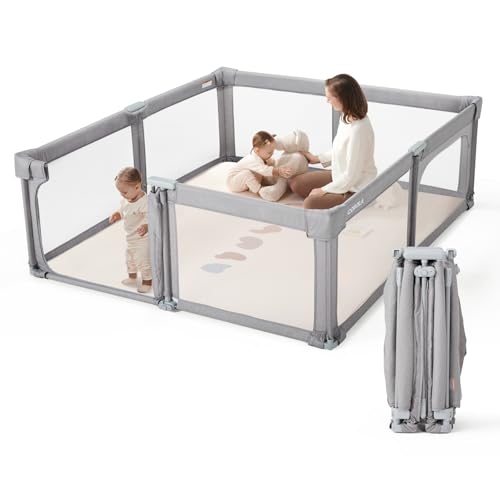 Image of Baby Playpen Portable, Pre-Assembled Play Pen 71x79 Large Foldable Playpen for Babies and Toddlers, Sturdy and Safe Toddler Play Yard Indoor Outdoor with Carry Bag,Light Grey