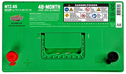 Interstate Batteries Automotive Battery 12V 65Ah 770CCA (MTZ-65) Automobile SLI AGM Starting Replacement Battery (Group Size 65) Cars, SUVs, Sedans, Trucks