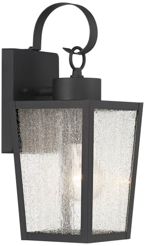 John Timberland Thebes 13 1/4\" High Farmhouse Rustic Outdoor Wall Light Fixture Mount Porch House Exterior Outside Lantern Set of 2 Weatherproof Textured Black Finish Clear Seeded Glass Shade