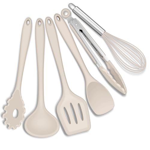 Joyfair Küchenutensilien Set, 6 Stück Silikon Küchenhelfer Kochbesteck Set, Khaki Antihaft Pfannenwender Küchenset zum Kochen & Backen, Hitzebeständiger & Lebensmittelqualität, Spülmaschinenfest
