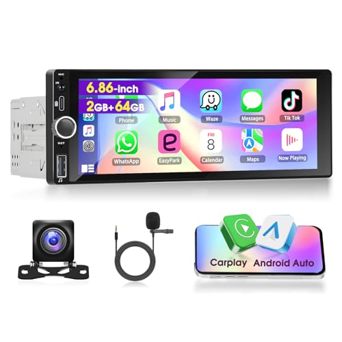 Motorsi 1 Din Android Autoradio avec A-pple Carplay Android Auto Compatible Dab+ OBD2 DSP Android 15 écran Tactile IPS 6,9 Pouces GPS Bluetooth WLAN EQ FM/RDS+AHD Caméra de Recul, Microphone