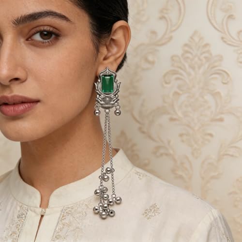Image of I Jewels Traditional Silver Oxidised Kashmiri Long Dangler Earrings with Ghungroo for Women & Girls Gift