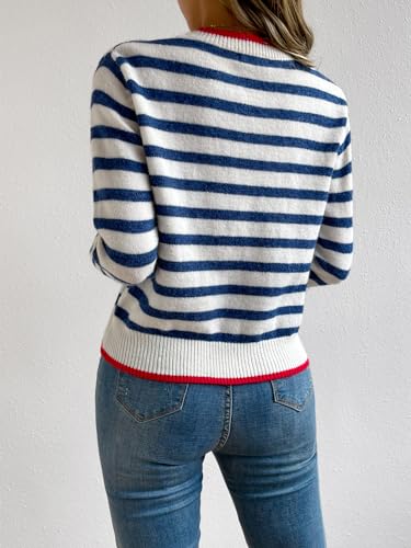 Floerns Women's Striped Print Long Sleeve Contrast Trim Casual Sweater Top2