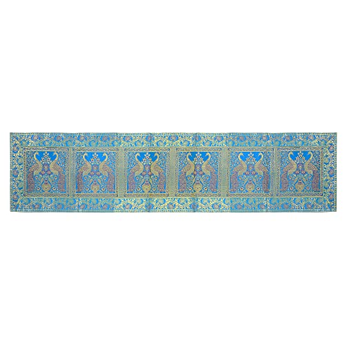 Unitedcraft Art Turquoise Color Silk Table Runner, Peacock Design Silk Table Runner, Indian Silk Table Runner For Decoration On Birthday Party, Kitchen Wedding Decoration, 16X60 Inch #TOP1