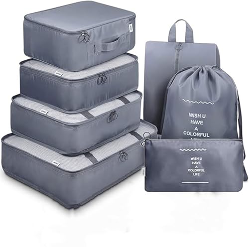 Image of AVENUX 7pcs Set Travel Organizer Packing Cubes Lightweight Travel Luggage Organizers with Laundry Bag or Toiletry Bag Laundry Organiser (Grey, 7 PCS)