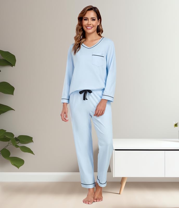 COLORFULLEAF 100% Algodón Pijama Mujer Largo Pijama Dos Piezas Conjunto de Salón Escote en V Ropa de Dormir Manga Larga Loungewear