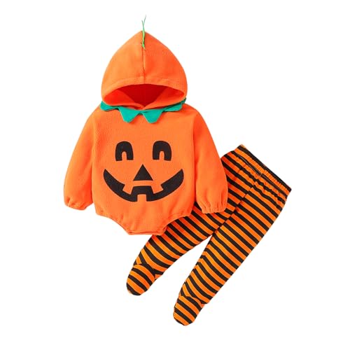 Image of WOLBAY 2Pcs Newborn Infant Baby Boy Girl Fleece Halloween Pumpkin Costumes Hoodie Romper Onesie Cotton Pants Outfit