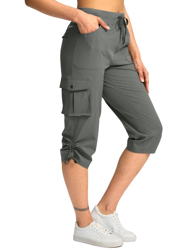 Pudolla Women's Cargo Capri Pants Hiking Travel Casual Capris with 5 Pocket