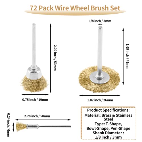 Image of 72 Pack Wire Wheel Brush Set, 1 /8 Inch Shank Pure Brass and Stainless Steel Brush Kit Rotary Buffing Brush Wheel, Rust Removal Tool Set, Wire Pen Brush + Bowl-Shape Brushes + T-Shape Brushes