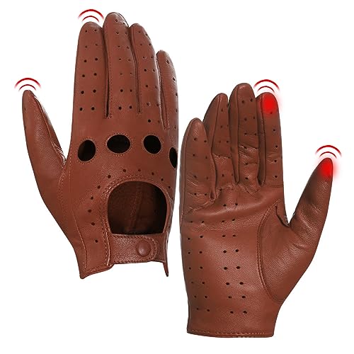 Harssidanzar Womens Lambskin Leather Driving Gloves Unlined Vintage Touchscreen Texting Gloves For Driving GL009,COGNAC,SIZE, L