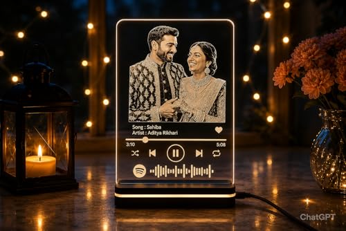 Image of Customized Photo and song Engraved LED Plaque | Personalized Printed Frame with scannable code (Transparent, Acrylic, 6 * 8 Inches) Tabletop