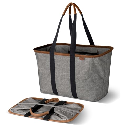 CleverMade Collapsible LUXE Tote - Gray Black 1 Pack 30L / 8Gal - Reusable Utility Grocery Shopping Storage Bag Organizer w/ Handles Reinforced Bottom