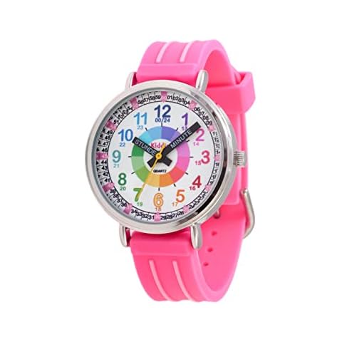 Kiddus Lern Armbanduhr für Kinder, Jungen und Mädchen. Analoge Armbanduhr mit Zeitlernübungen. Zeit Lehrer. Time Teacher. Minuten und Stunden Beschriftet. Rosa Cover