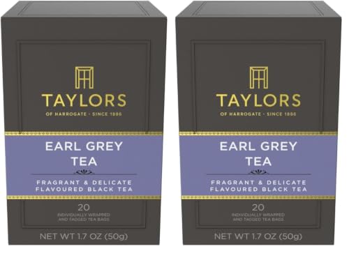 Image of Taylors of Harrogate Earl Grey, Black Tea, Individually Wrapped Bags, Fragrant, Delicate & Light, Caffeinated, Enjoy Hot or Iced,Teabags, 20 Count (Pack of 2)