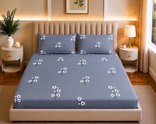 Image of Castiqa Elastic Fitted Supersoft Premium Polycotton 200TC King Size Bedsheets with 2 Pillow Covers | No Slip Bedsheet | Gray Sm Floral, King (72x78 Upto 10 inch Mattress)
