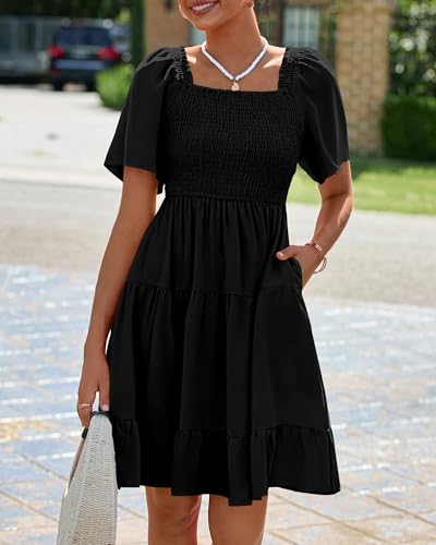 Image of BTFBM Womens Summer Smocked Mini Dress Spring Square Neck Flutter Sleeve Casual Ruffle Swing Boho Beach Dresses Pockets