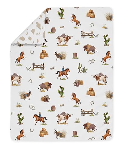 Image of Sweet Jojo Designs Western Cowboy Boy Toddler Bedding Set Kid Children 5p Bed in a Bag Comforter Blanket Pillowcase Sham Sheets Wild West Cow Print Southern Charm Country South Horse Steer Farm Animal