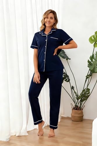 Image of 100% Cotton Pajama Sets for Women 2 Piece Long Sleeve Button Down Pjs Soft Comfy Ladies Sleepwear Lounge Sets S-XL