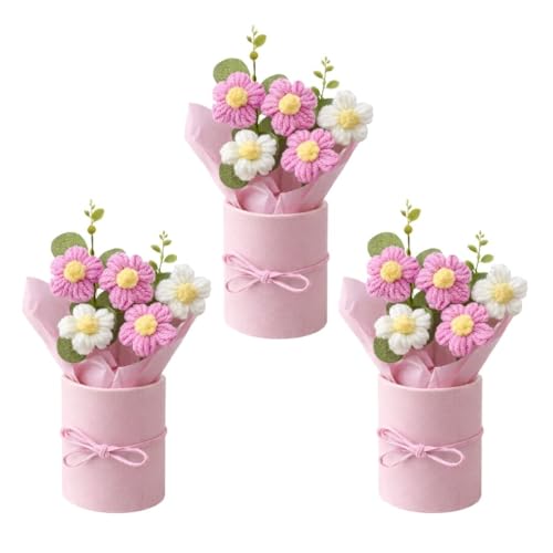 Image of VCR Handmade Pink Crochet Bouquet- Pack of 3 - Hand Woven Knitted Artificial Hand Knitted Bouquet Flower for Office Desk, Table, Car, Bedroom, Wedding & Special Occasions
