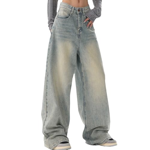 Women's Retro Casual Pants Summer y2k Fashionable Loose Street Style Light Blue high Waisted Denim Wide Leg Pants
