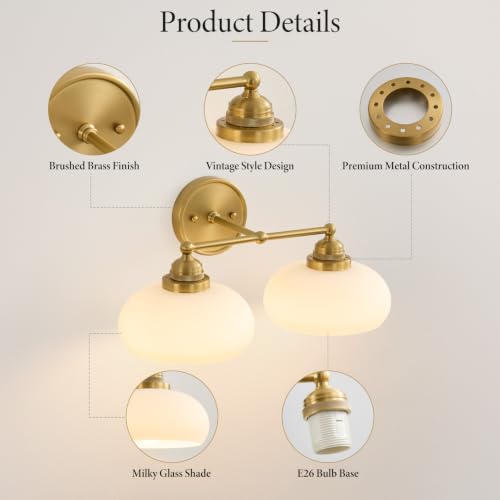 Image of Vintage Milk Glass Wall Sconce,2 Lights Antique Brass Bathroom Vanity Light | Mid Century Modern Gold Bathroom Sconce over Mirror,Milk White Glass Wall Lights Decor Lamp for Bedroom Living Room Hallway