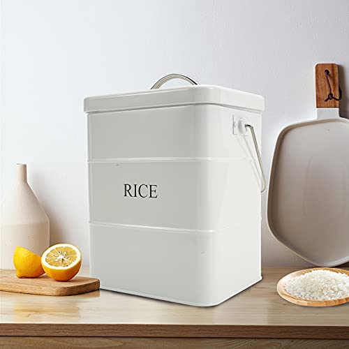 Xbopetda Metal Rice Storage Box, Square Rice Container With Lid And Handle, Sealed Food Storage Bin For Kitchen, Countertop Organizer Jar For Rice Flour Soybean Grain Cereal-White #TOP3